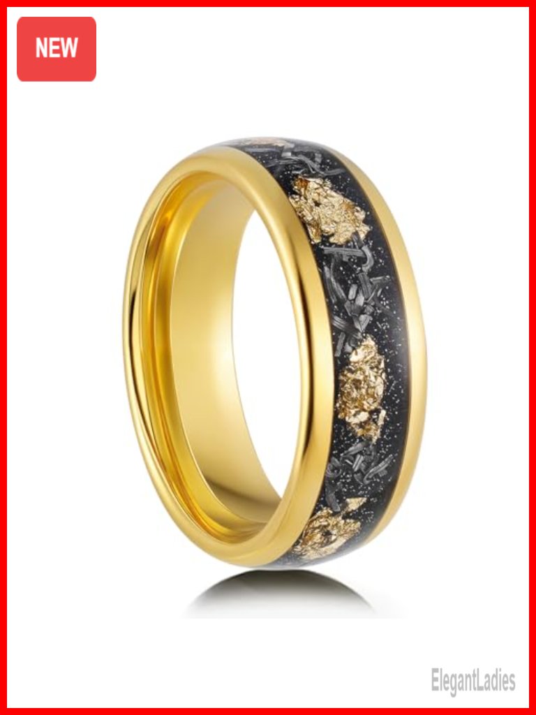 Mens Meteorite Gold Leaf Tungsten Ring Wedding Bands 18k Yellow Gold Inlay 8mm